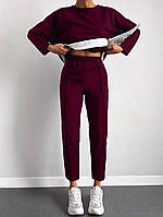 Классный повседевный костюм (кофта с контрастной отделкой+брюки с заложенной строчкой) марсала