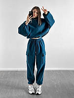 Стильный удобный костюм (толстовка oversize + джоггеры) трехнитка на флисе синий