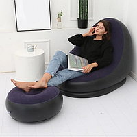 Надувное кресло диван 2в1 с пуфиком для ног A-Sofa до 150 кг Чёрный с фиолетовым PRO_875