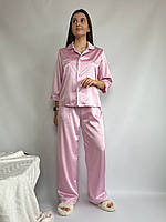 Нежный домашний костюм-пижама рубашка+штаны шелк Армани розовый