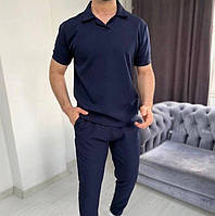 Стильный мужской костюм футболка с воротником и брюки синий