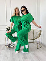 Свободный легкий костюмчик кофта + брюки + тканевый пояс в комплекте зеленый