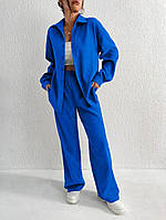 Классный брючный костюм из микровельвета (брюки талия на резинке+удлиненная рубашка) электрик