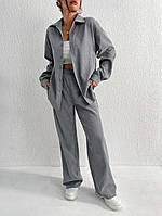 Классный брючный костюм из микровельвета (брюки талия на резинке+удлиненная рубашка) серый