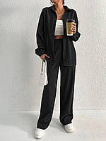 Классный брючный костюм из микровельвета (брюки талия на резинке+удлиненная рубашка) черный