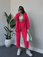 Яркий летний брючный костюм свободного кроя (удлиненная рубашка+комфортные брюки) малина