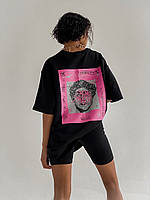 Удобный трикотажный костюм (футболка с накатом по спинке+велосипедки) черно-розовый