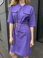 Льняное платье с джутовым поясом на груди накладные карманы фиолетовый