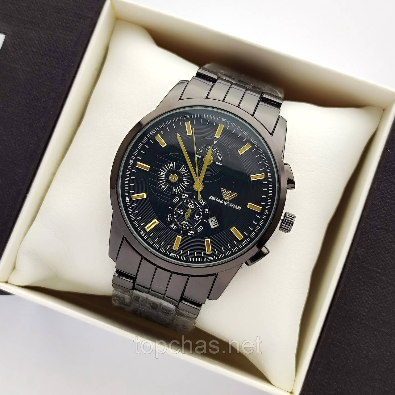 Чоловічий наручний годинник Armani (Армані) чорного кольору, металевий браслет, - код 2180b