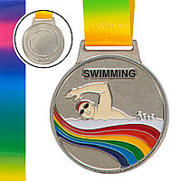 Медаль спортивная с лентой цветная Zelart Плавание C-0336 цвет серебряный mn