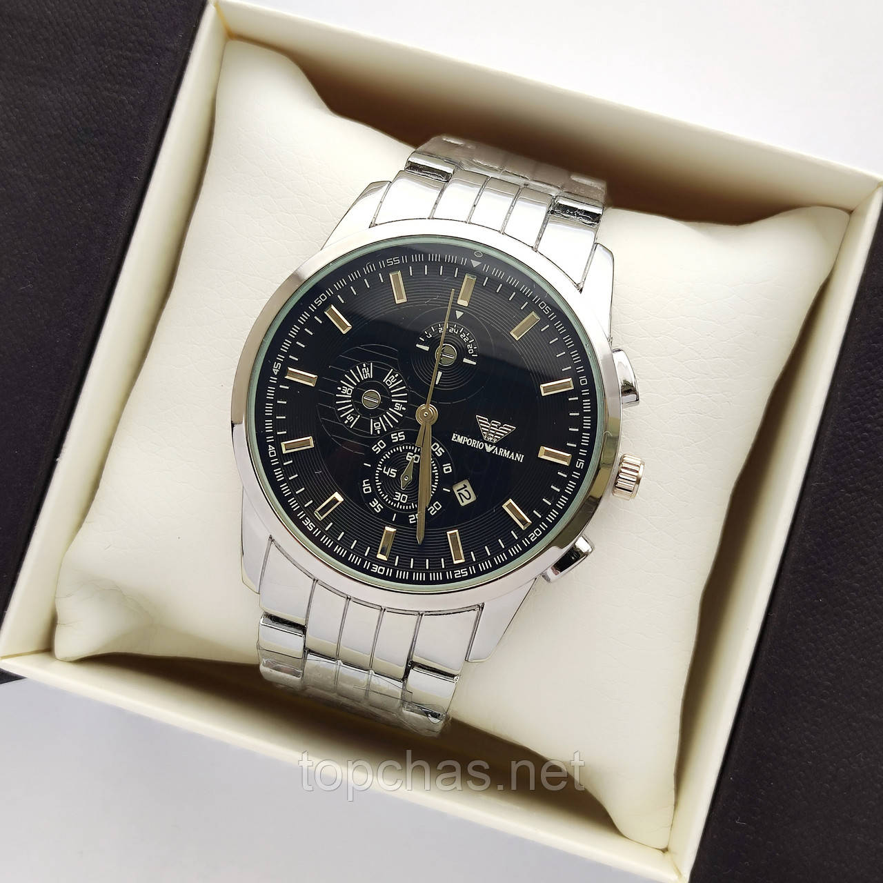 Чоловічий наручний годинник Emporio Armani (Армані) срібло з чорним, на браслеті, з датою, код - 2400b