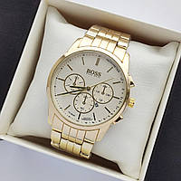 Мужские наручные часы Hugo Boss (бос) золотые с белым, на браслете, с датой, код - 2404b