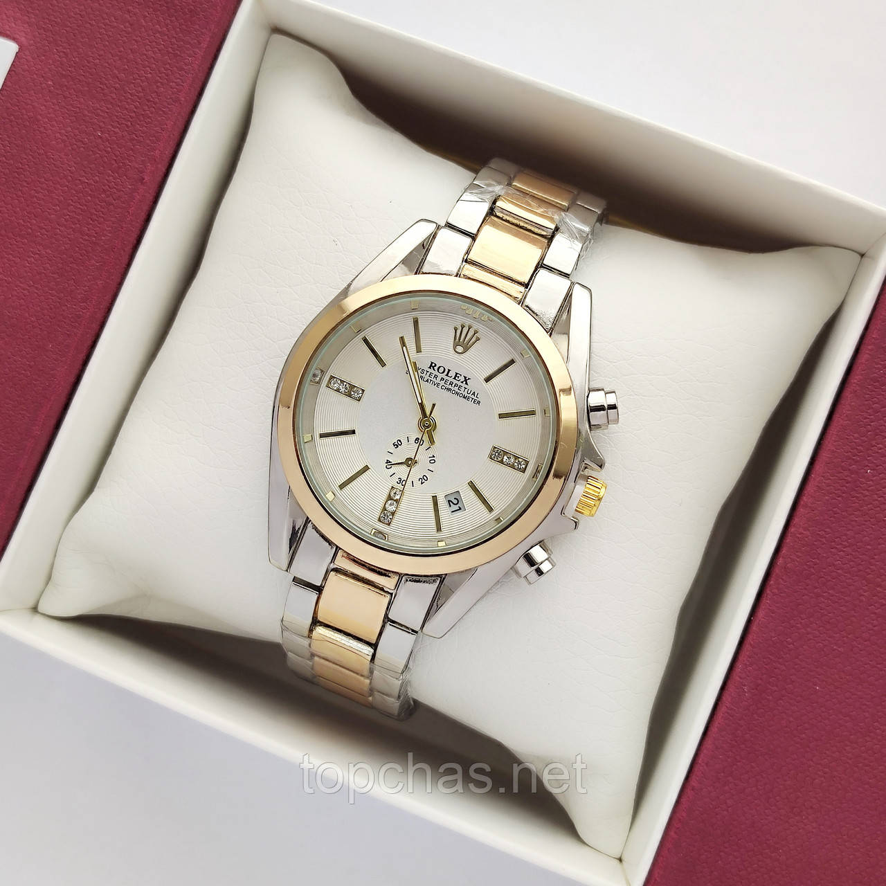 Невеликий жіночий наручний годинник Rolex (ролекс) комбінований, срібло-золото, дата - код 2407a