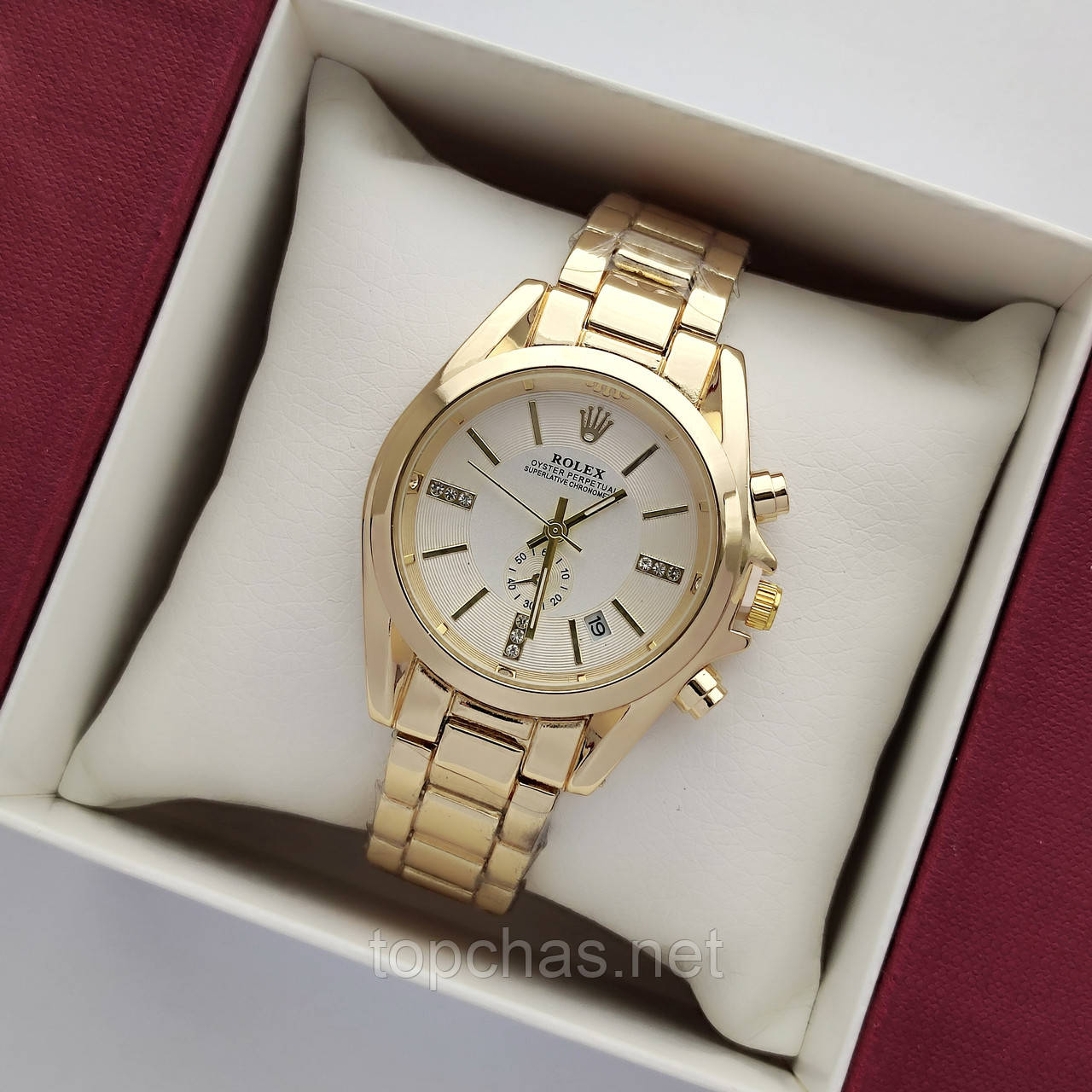 Невеликий жіночий наручний годинник Rolex (ролекс) золотого кольору з білим циферблатом, дата - код 2409b
