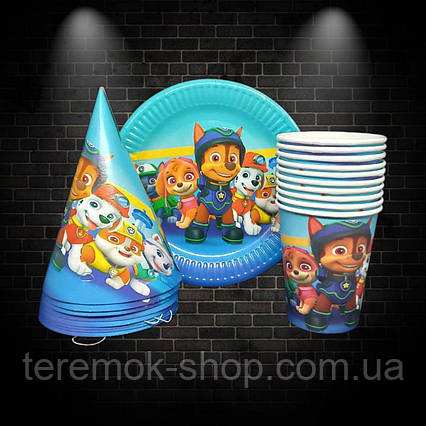 Набір для дня народження Щенячий Патруль, посуд дитячий одноразовий 10 тарілок 10 стаканчиків 10 ковпачків
