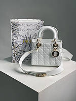 Женская мини сумка Dior Lady белая кожаная с двумя ручками Premium