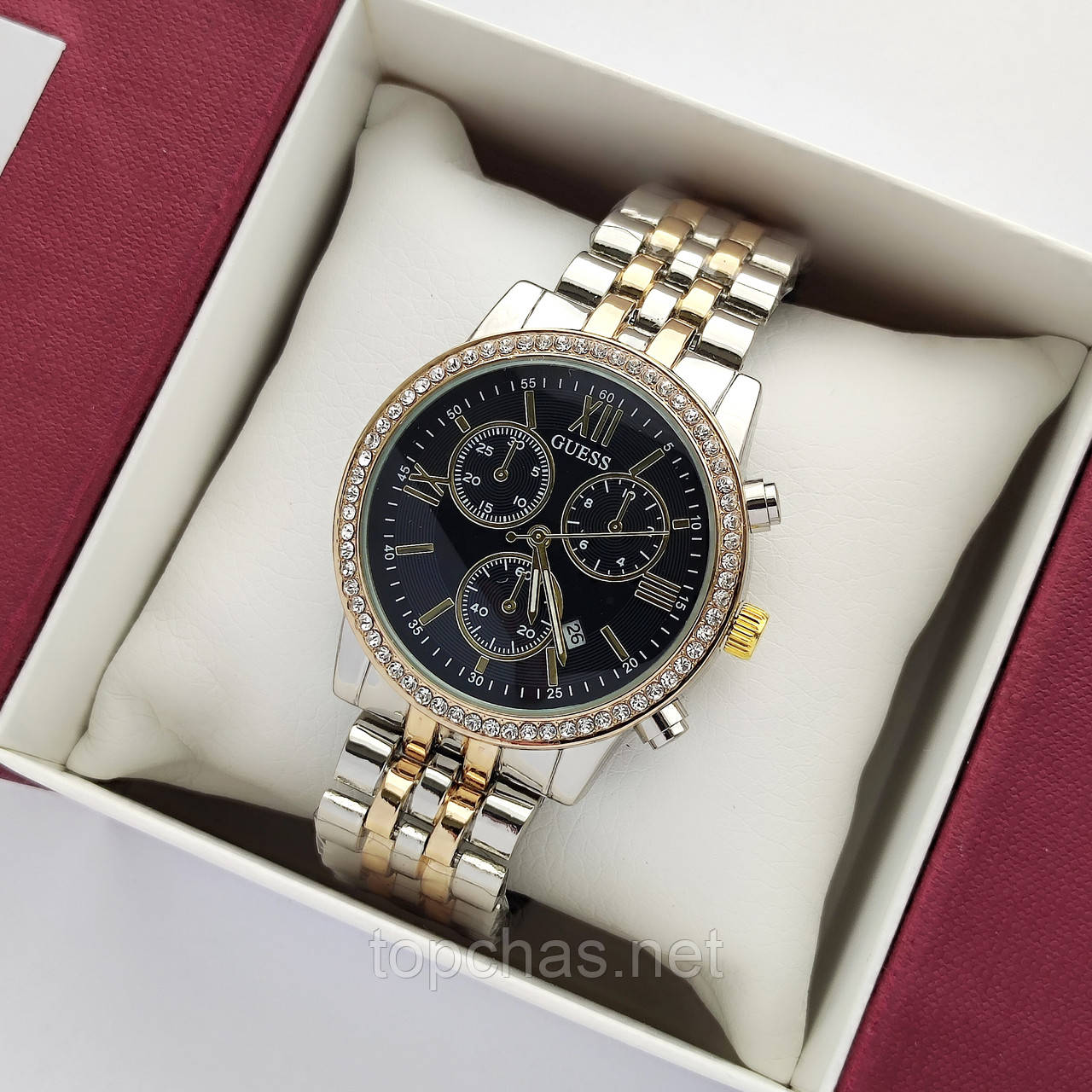 Жіночий наручний годинник Guess (Гес) комбінований з чорним, камінчики навколо циферблата - код 2410b