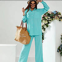 Жіночий прогулянковий однотонний якісний костюм двійка сорочка та штани вільного крою батал та норма