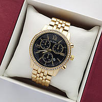 Жіночий наручний годинник Guess (Гес) золотисті з чорним циферблатом, камінчики навколо, дата - код 2412b