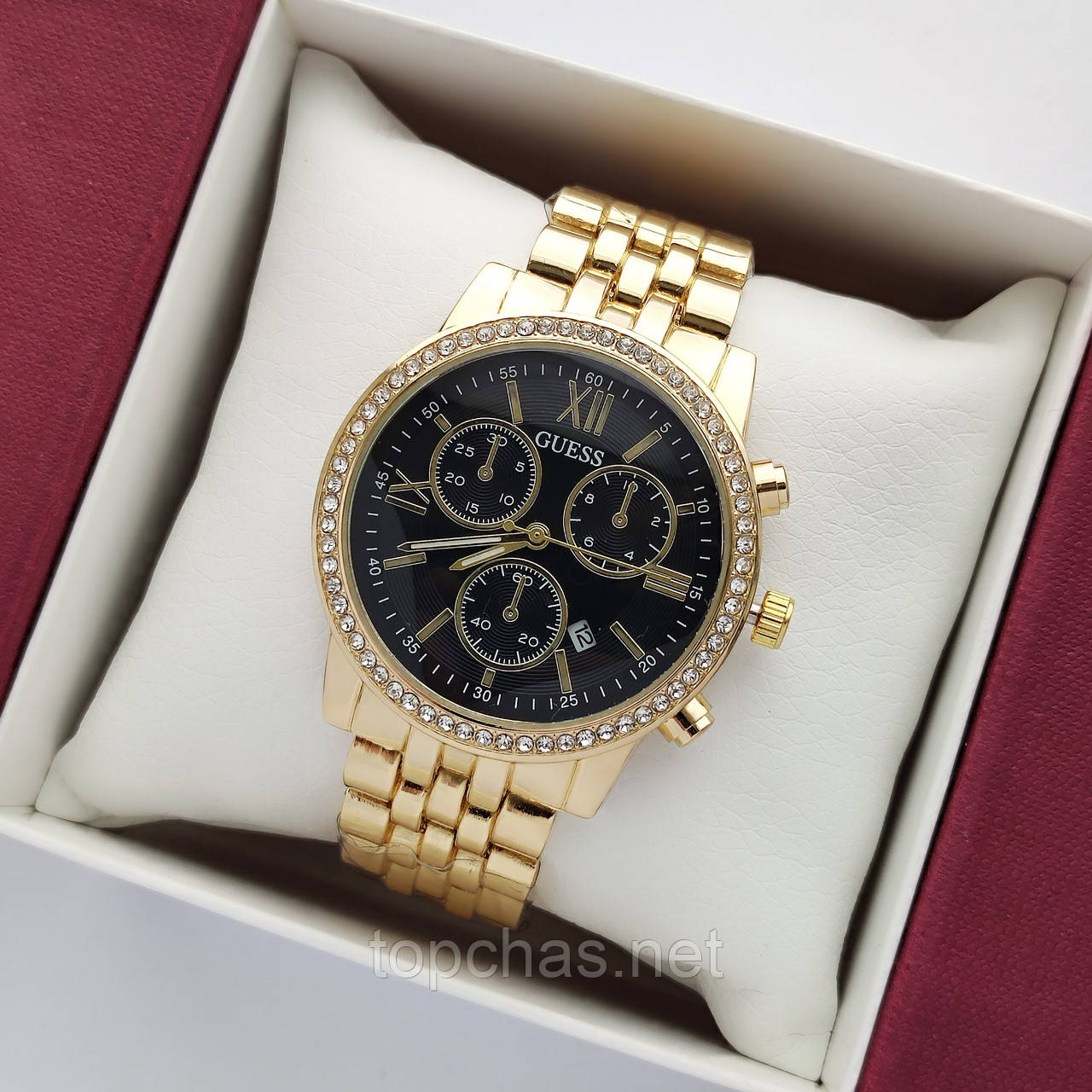 Жіночий наручний годинник Guess (Гес) золотисті з чорним циферблатом, камінчики навколо, дата - код 2412b