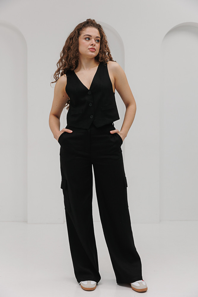 Жіночий літній костюм чорний з жилеткою і штанами (S), фото 1