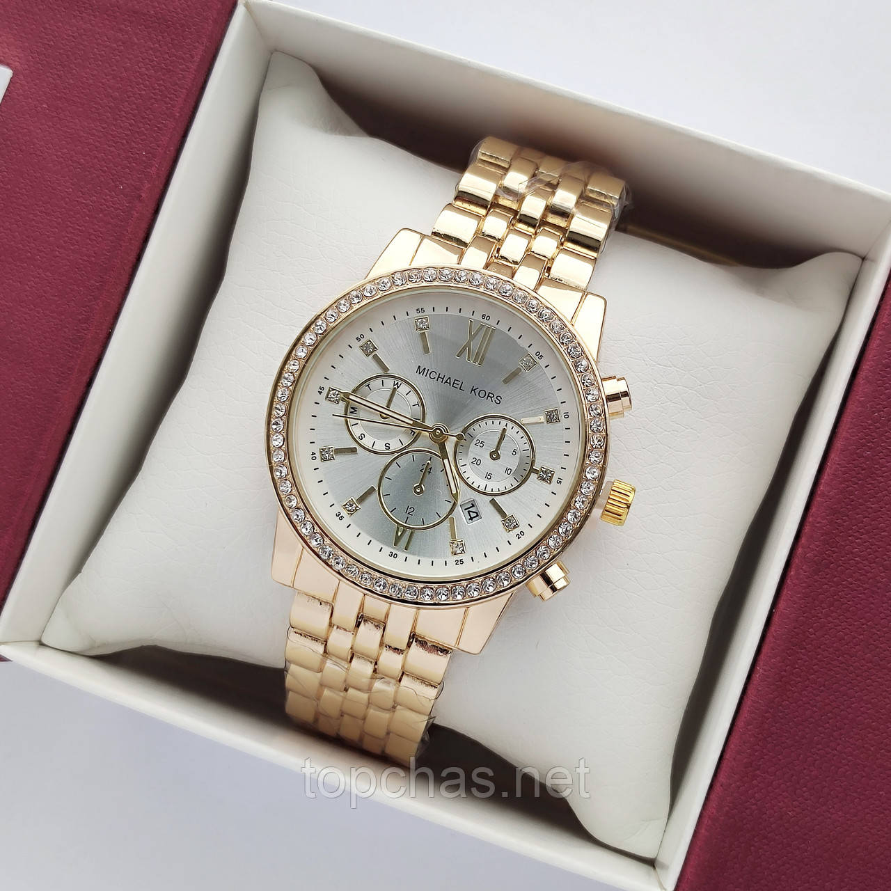 Жіночий наручний годинник Michael Kors (майкл корс) золотого кольору зі сріблястим циферблатом, камінчики - код 2418b