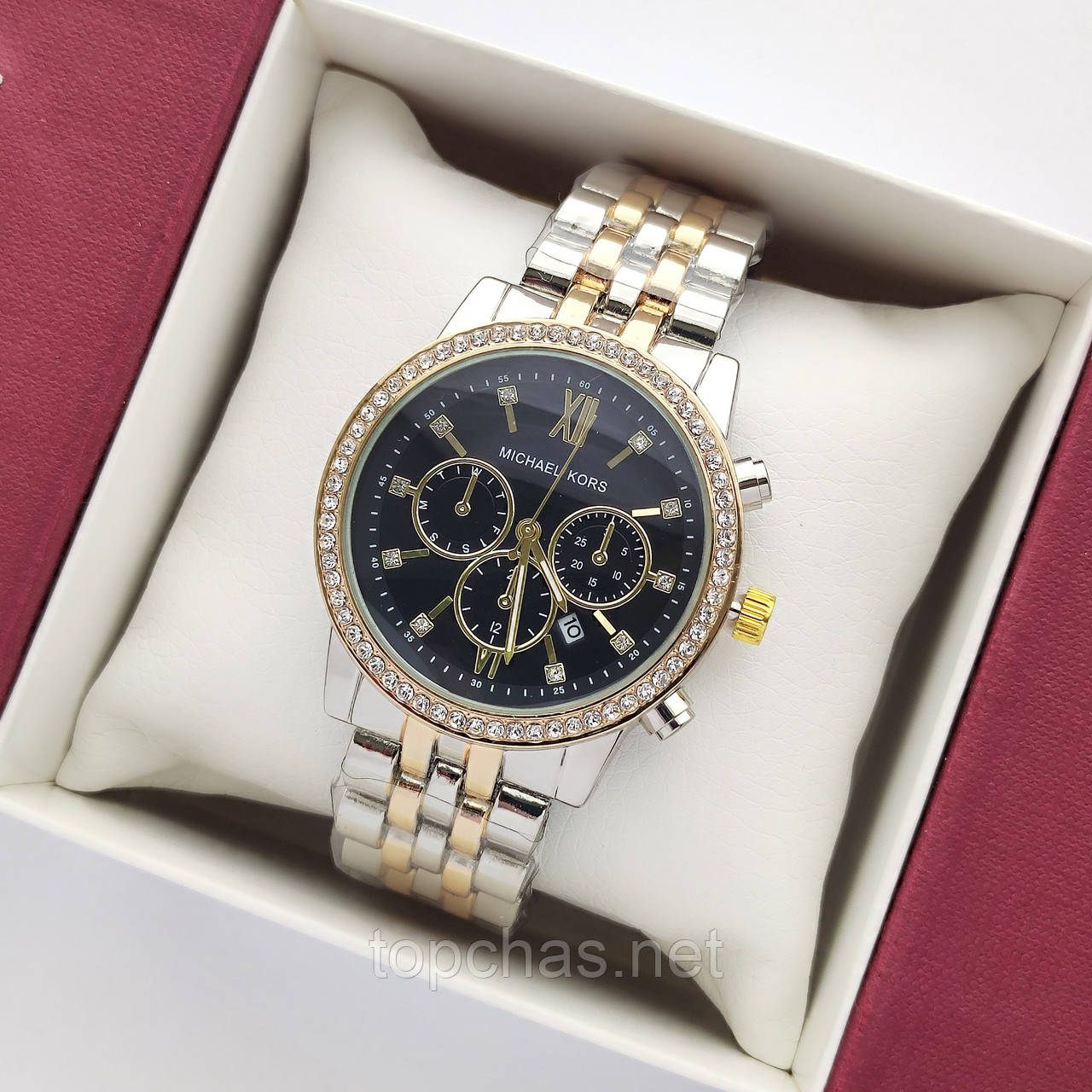 Жіночий наручний годинник Michael Kors (майкл корс) комбінований з чорним циферблатом, камінчики - код 2419b