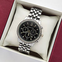 Жіночий наручний годинник Michael Kors (майкл корс) срібний з чорним циферблатом, дата - код 2420b