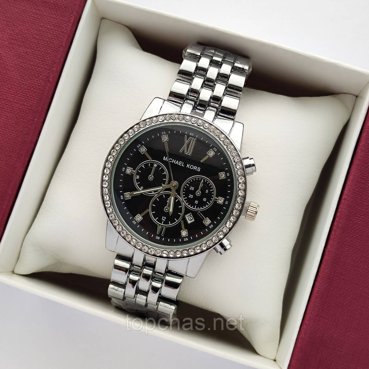 Жіночий наручний годинник Michael Kors (майкл корс) срібний з чорним циферблатом, дата - код 2420b