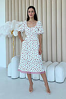 Платье миди женское летнее муслиновое молочное в цветочный принт 3527-03