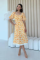 Платье миди женское летнее муслиновое желтое в цветочный принт 3527-02