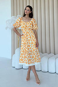 Сукня міді жіноча літня муслінова жовта в квітковий принт 3527-02