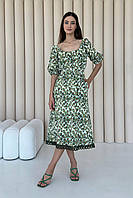 Платье миди женское летнее муслиновое зеленое в цветочный принт 3527-01