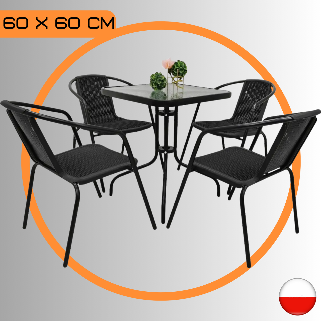 Комплект Садових Меблів Квадратний Стіл + 4 Стільці Jumi Bistro-4S Набір Садових Меблів зі Штучного Ротангу Чорний Польща, фото 1