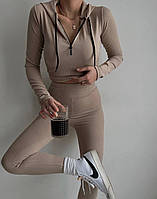 Базовый обтягивающий спортивный женский костюм в рубчик с капюшоном и леггинсы