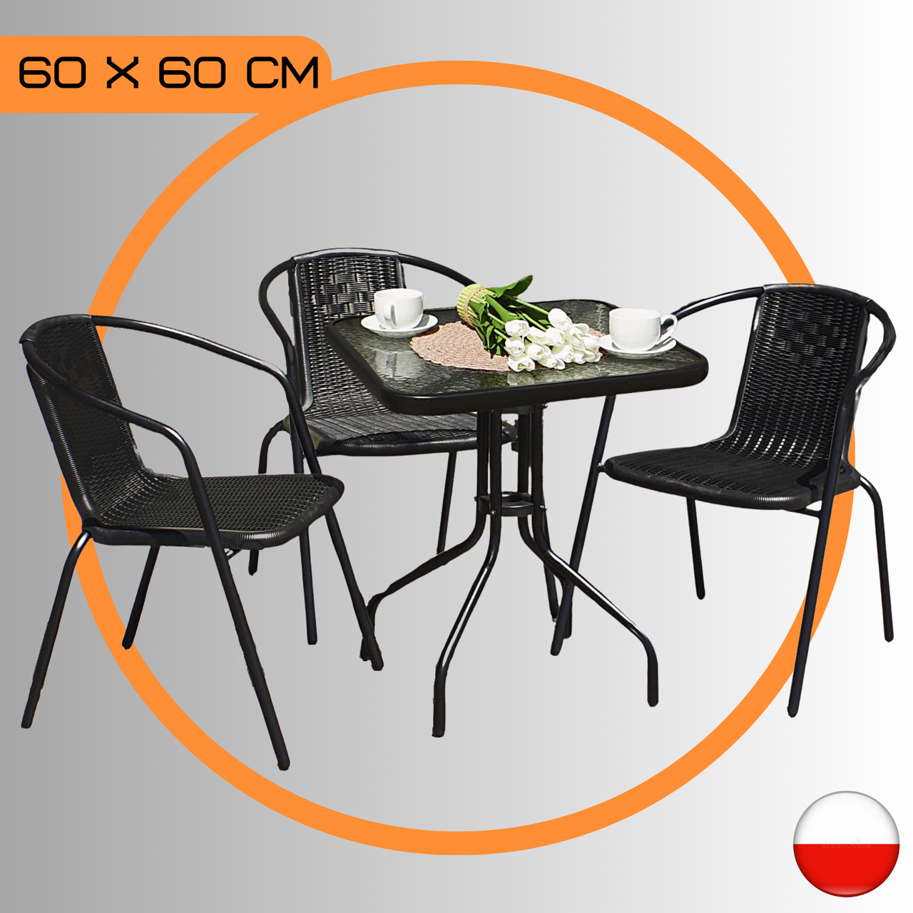 Комплект Садових Меблів Квадратний Стіл + 3 Стільці Jumi Bistro-3S Набір Садових Меблів зі Штучного Ротангу Чорний Польща