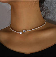 Чокер-кольє зі стразами тонкий, підвіска жіноча на шию з камінцями, жіночий чокер з сердечками