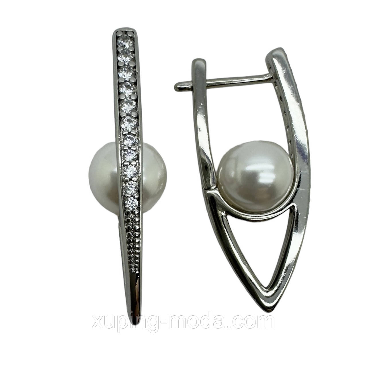 Сережки з перлинами xuping. 30х8 мм. Родій, фото 1