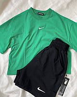 Женский трендовый красивый удобный летний повседневный базовый костюм футболка и шорты логотип Nike зеленый, 42/44