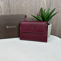Женский кожаный кошелек стиль Гуччи, мини клатч портмоне из натуральной кожи Gucci бордовый