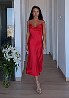 Платье - комбинация женское миди, на бретелях, летнее, шелковое, однотонное, Красный, S