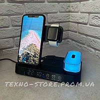 30W Бездротова зарядка з нічником, док-станція 5в1 для apple watch, Iphone, airpods + нічник з rgb підсвіткою та годинник