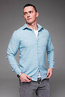Мужская рубашка льняная с длинными бирюзовыми рукавами Im_650