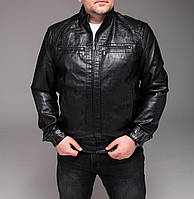 Мужская куртка черная БАТАЛ искусственная кожа, пояс на резинке Im_1500