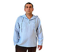 Чоловіча туніка муслінова з капюшоном гіпоалергенна блакитна сорочка з довгими рукавами