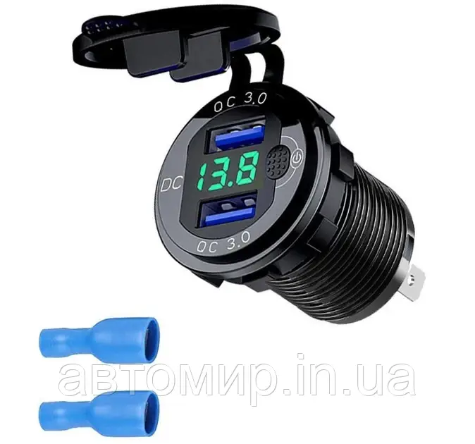 Автомобільна врізна зарядка з 2 USB та вольтметром зеленого кольору 12/24В з виходом 3А ампера, фото 1