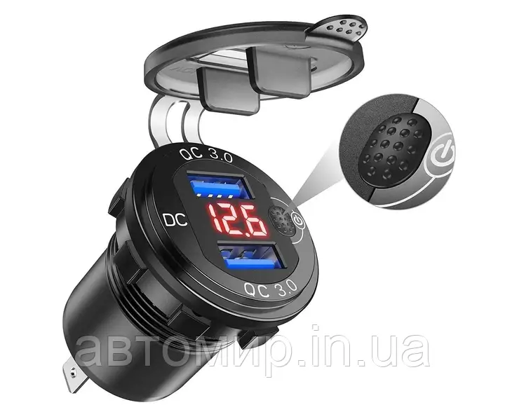 Автомобільна врізна зарядка з 2 USB та вольтметром червоного кольору 12/24В з виходом 3А ампера, фото 1