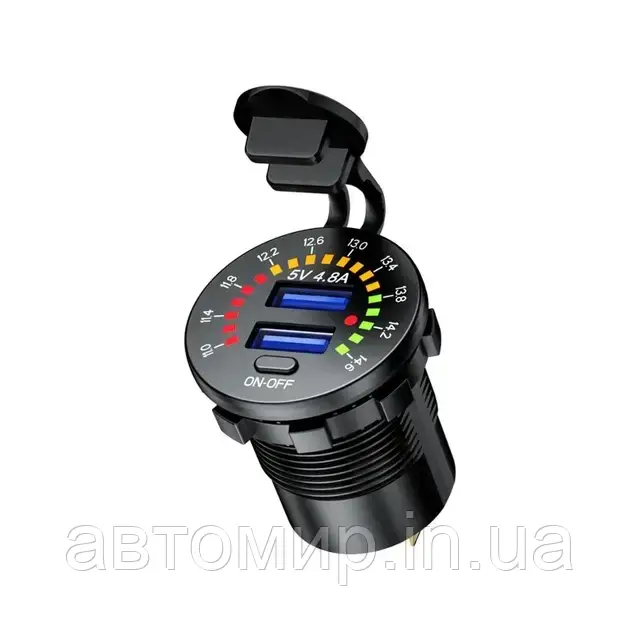 Автомобільна врізна зарядка з 2 USB з виходом 4.8А ампера та амперметром 12/24В, фото 1