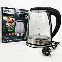 Электрический стеклянный чайник Rainberg RB-2250 с LED подсветкой 2200 Вт 1.8л, хороший электро чайник upg