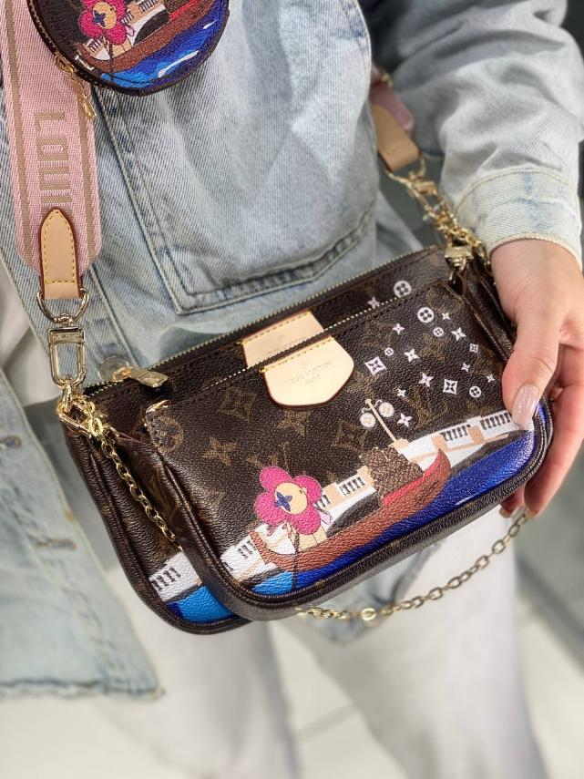 Жіноча сумка Louis Vuitton, 3 в 1, тканинний ремінь та ланцюжок, коричнева з принтом 20*14*6см 931544, фото 1